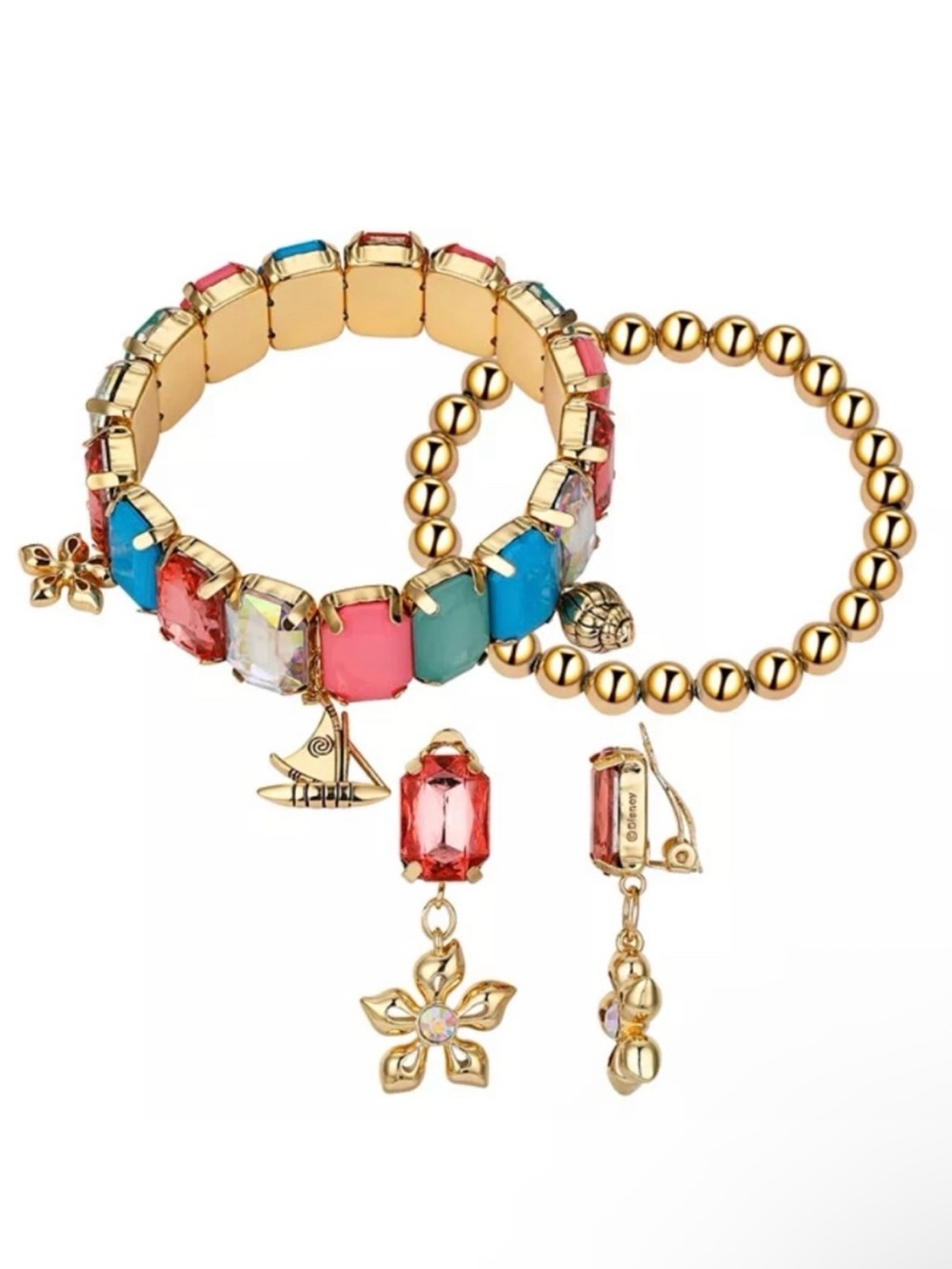 Disney Kids Princess Moana Gold Tone Multicolor Charm Bracelet and Earring Set